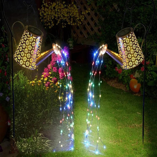 2 Pack Solar Watering Can Lights with Shepherd Hook, 8 Multi-Color Changing Modes, IP65 Waterproof, 60pcs String Lights for Outdoor Garden Pathway Lawn Patio Deck Walkway Courtyard