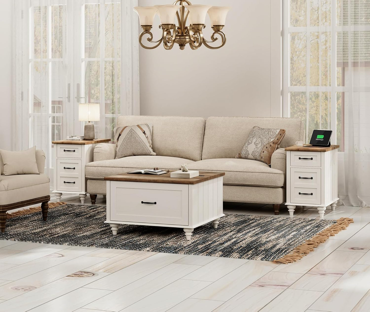 WAMPAT Farmhouse Lift Top Coffee Table with Storage Cabinet, Square Coffee Table with Large Drawer, Wooden Center Table for Living Room, Home, Office, Off White