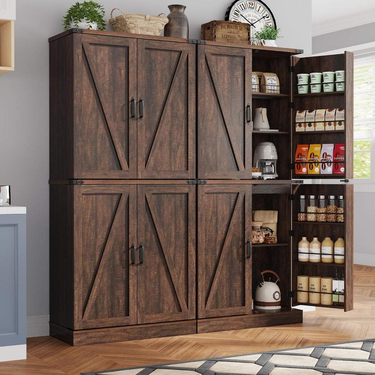71" Tall Kitchen Pantry Cabinet, Farmhouse Tall Kitchen Storage Cabinet with Adjustable Shelves & 4 Barn Style Doors, Wooden Storage Cabinet for Kitchen, Dining Room, Living Room, Bathroom, Office
