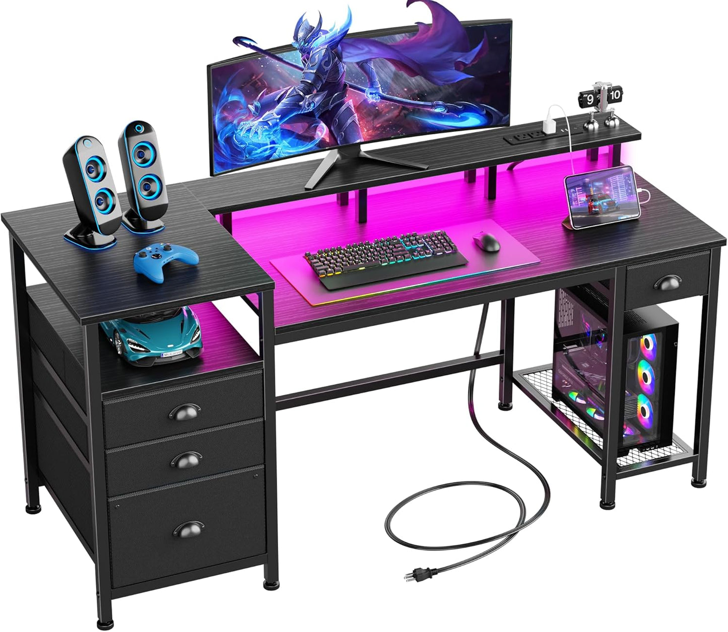 Furologee 60" Black Computer Desk with 4 Drawers and Printer Space, Gaming Desk with LED Lights and USB Power Outlets, Home Office Desk with Fabric File Cabinet,Study Work Table with Shelf for Bedroom