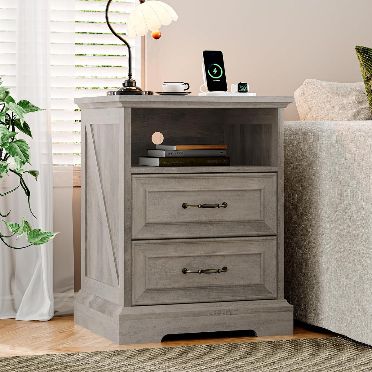 Xixini Nightstand with Charging Station, Farmhouse Light Grey Bedside Table
