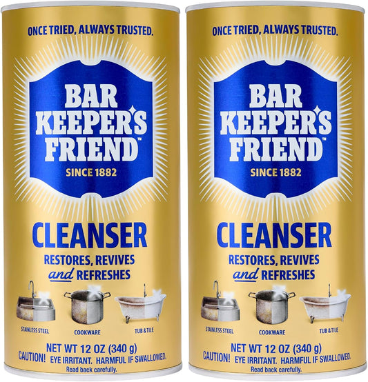 Bar Keepers Friend Powder Cleanser, 12 oz x 2, Multipurpose Cleaner, Degreaser & Remover for Burnt Stainless Steel Pots and Pans, Rust Stains, Hard Water Deposits & Soap Scum