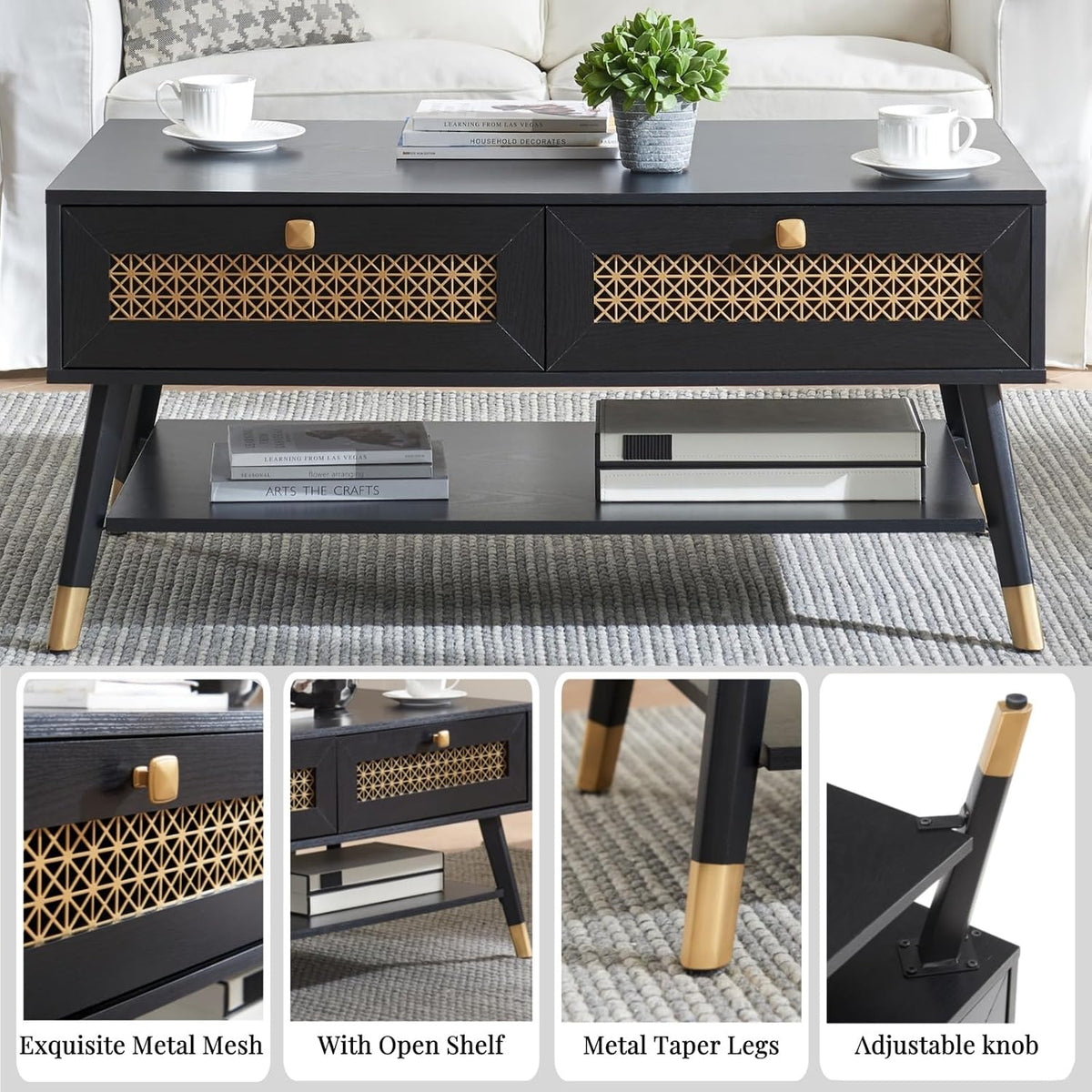 Mid Century Modern Black Coffee Table with Storage Drawers & Open Shelf, Solid Wooden Boho Rectangle Table with Metal Legs Designed for Living Room, Office, Lounge. Black Color with Golden Decor