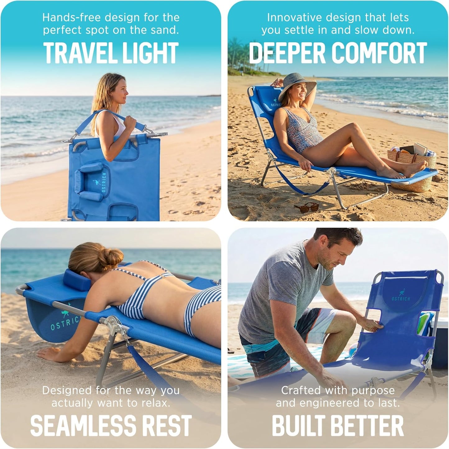 Ostrich the Original Chaise 72 x 22 Inch Lounge Portable Reclining Lounger, Outdoor Patio, Beach, Lawn, Camping, or Pool Tanning Chair, Ocean Blue