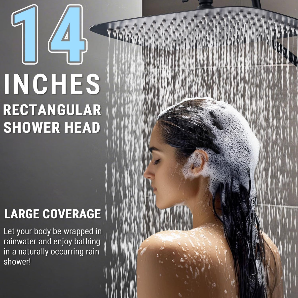 G-Promise 14 Inches Shower Faucet Sets Complete, All Metal Rainfall Shower Head and Handle Set, Extended Downward Diverter, Extension Arm and Pressure Balance Rough-in Valve Included