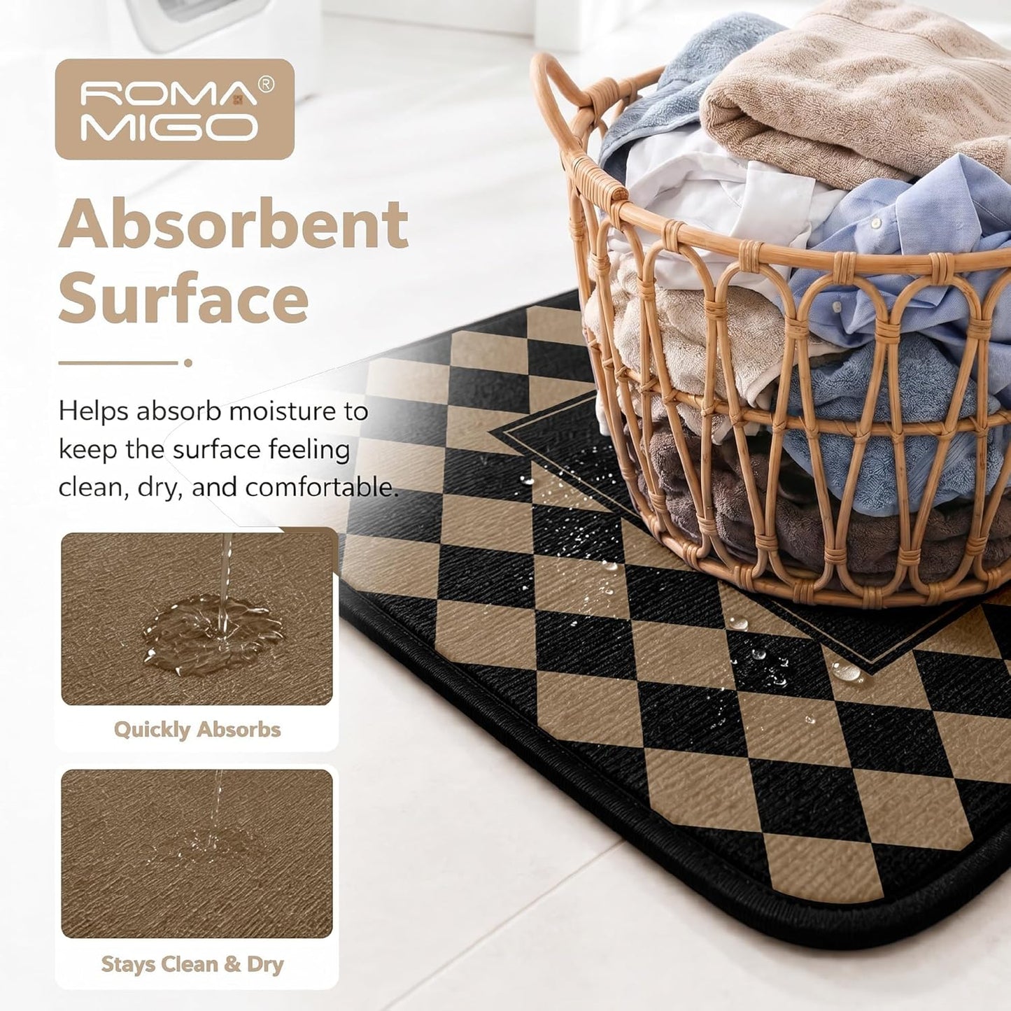 ROMAMIGO Laundry Room Rug Runner Non Slip Laundry Mats Mudroom Runner Laundry Room Decor Accessories Farmhouse Kitchen Floor Mat (Black Beige Checkered, 20 X 47 inch)
