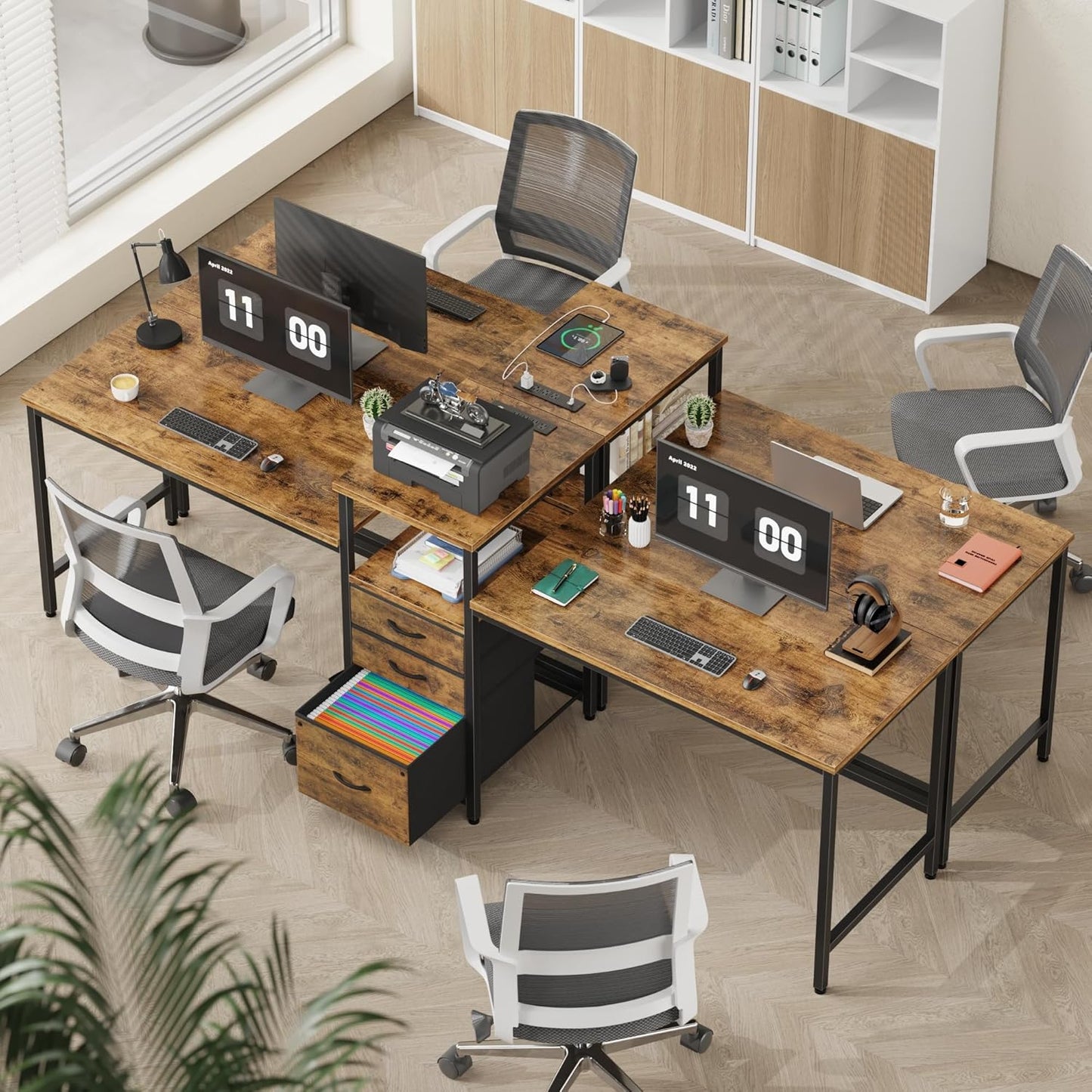 GYIIYUO 93'' Two Person Desk with Charging Station, Long Desk with 3 Drawers and Printer Shelf, Double Computer Desk, 2 Person Writing Study Table Workstation for Home Office, Rustic Brown