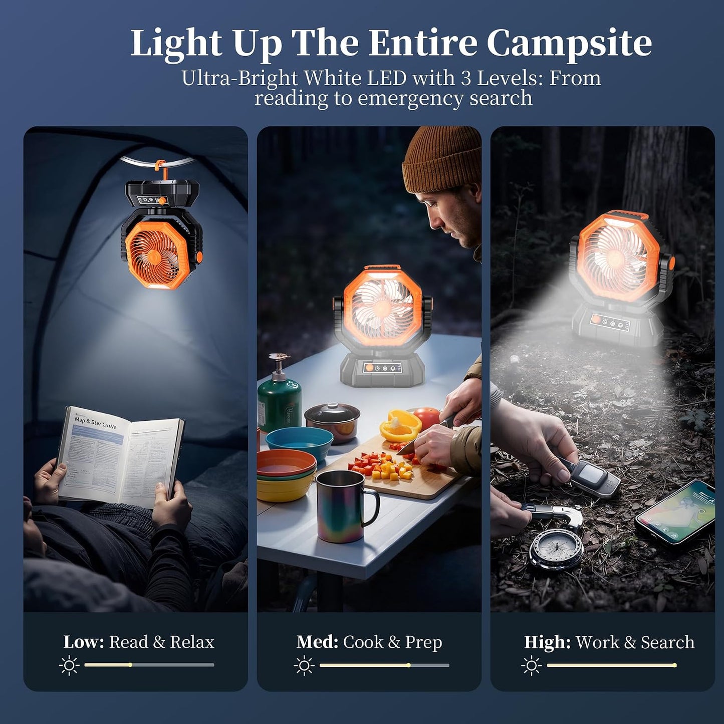 AJVV Camping Fan, Oscillating Battery Powered Portable Rechargeable Hanging Tent Fan with Light and Remote for Camp, Outdoor, Emergency Power Outage, Fishing, RV Travel, Orange