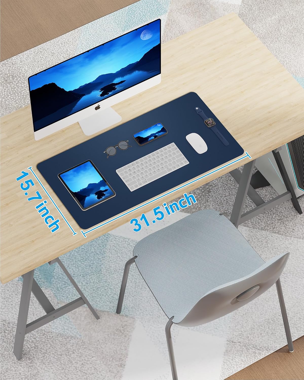 Leather Desk Pad Blotter,Mouse Pad,Office Desk Mat, Non-Slip PU Leather Desk mat,Large Desk mat,Waterproof Keyboard mat for Office/Home/Decor (Midnight Blue,31.5" x 15.7")