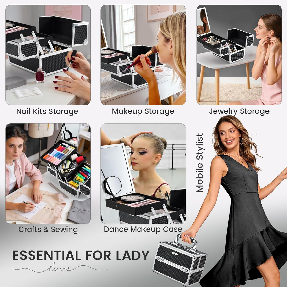 Joligrace Makeup Box Cosmetic Train Case Portable Makeup Organizer Case with Mirror 2 Tray Make up Storage Case for Nail Teach Craft Sewing Travel Vanity Modern Style Black