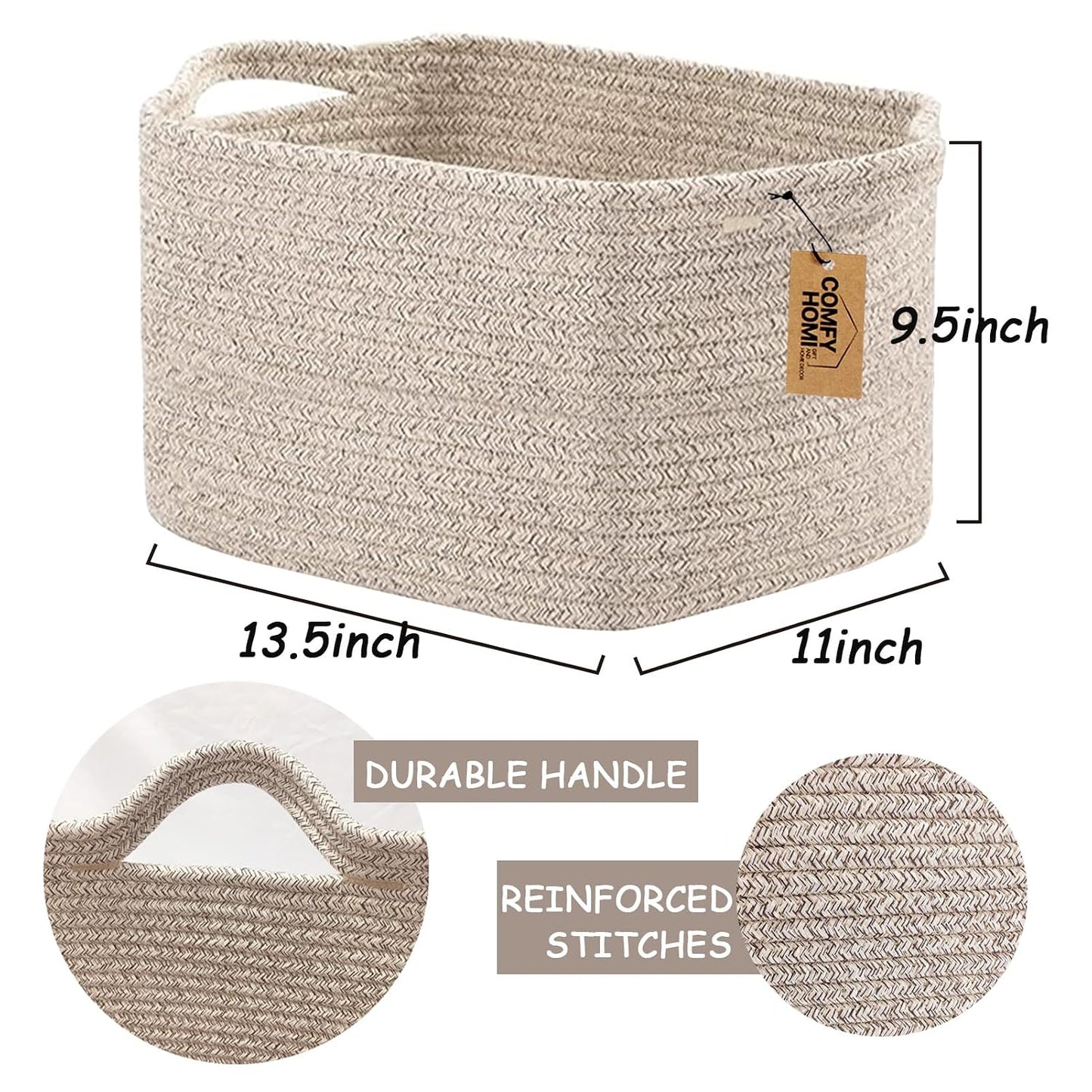 COMFY-HOMI Cotton Rope Woven Basket with Handles for Shelves,Toys,Book, Cloth Storage Baskets Bin for Organizing- 1 PCSToy Decorative Organizer for Living Room, Bathroom