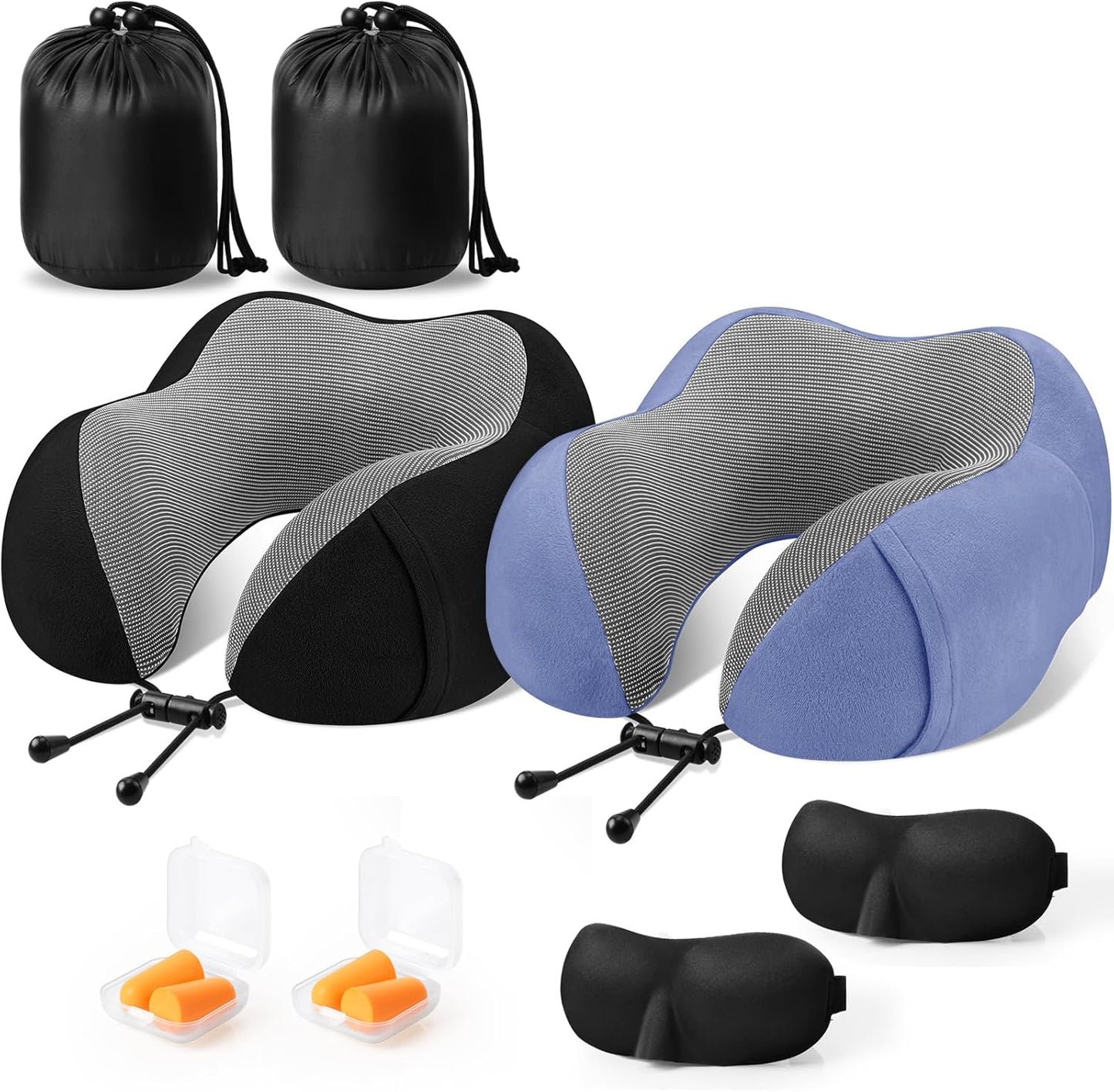 CloudBliss Travel Pillows for Airplane, 2 Pack Memory Foam Neck Pillow for Travel, Airplane Pillow for Long Flight, Car & Office Use, Plane Accessories with Eye Mask, Earplugs, Carry Bag, Black & Blue