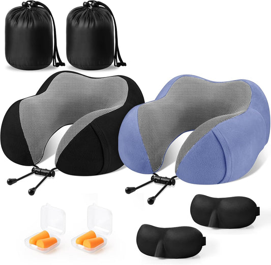 CloudBliss Travel Pillows for Airplane, 2 Pack Memory Foam Neck Pillow for Travel, Airplane Pillow for Long Flight, Car & Office Use, Plane Accessories with Eye Mask, Earplugs, Carry Bag, Black & Blue