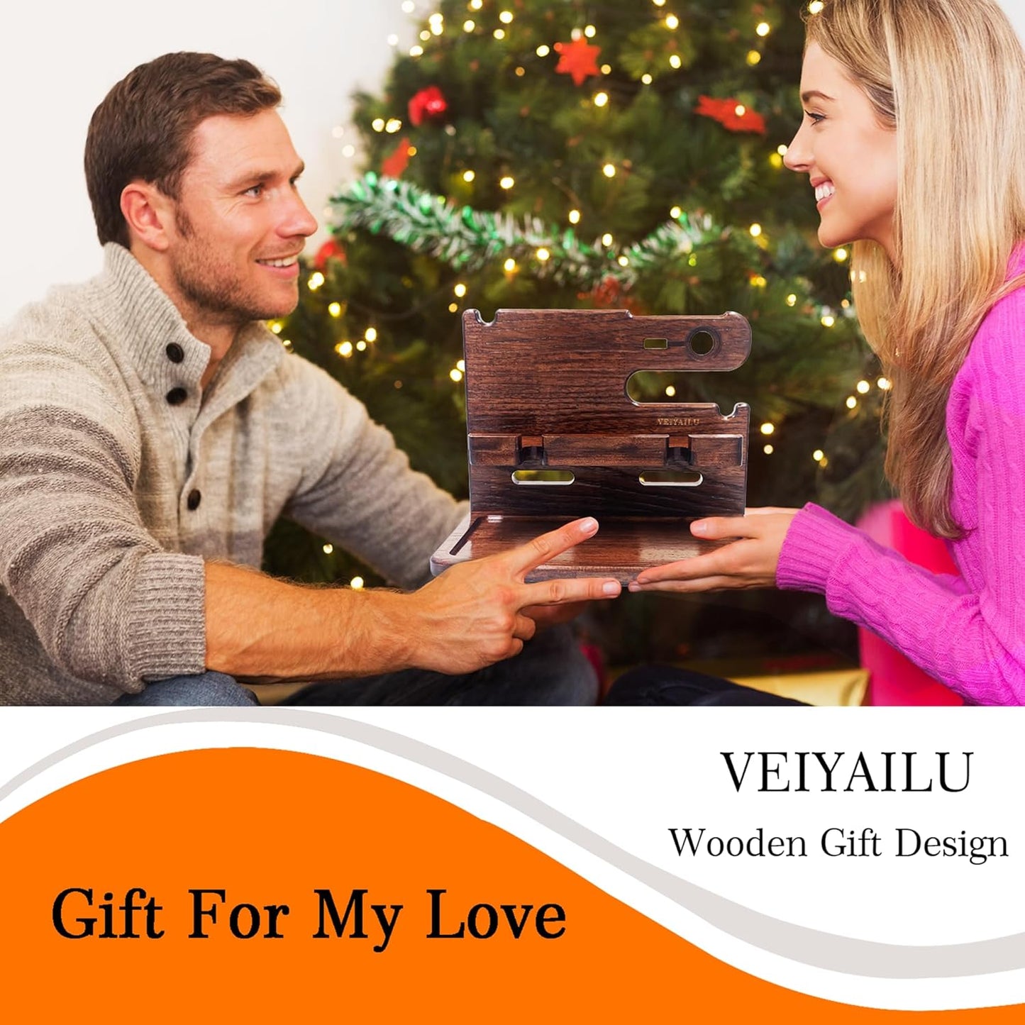 VEIYAILU Gifts for Men Women Dad Husband Boyfriend Wood Phone Docking Station Nightstand Organizer for Men Birthday Gifts (Dark Brown)