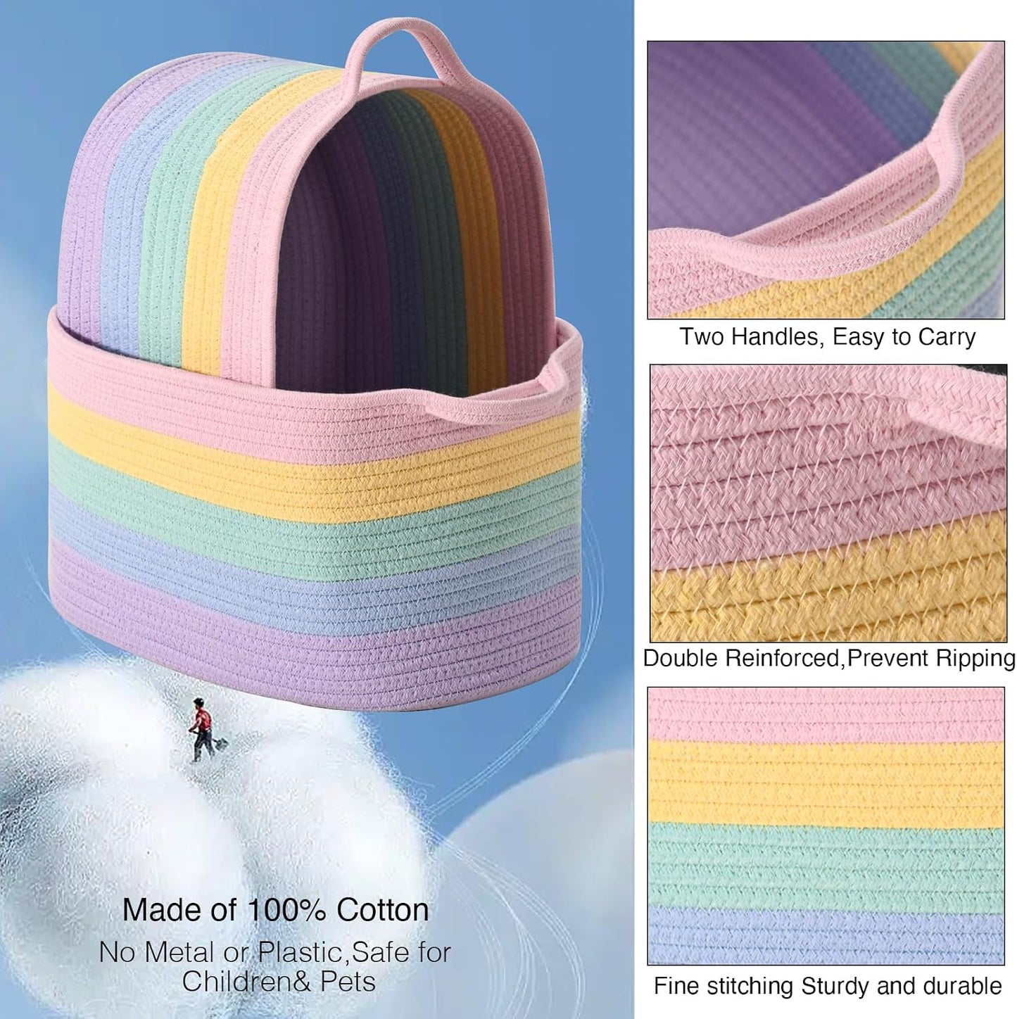 DUHEL Cotton Rope Woven Storage Basket (Rainbow-3Pcs) | Used for Baby Hamper Toy Organizer, Gift Baskets Empty,Kids,Baby,nursery. Size 15x10x8.7 Inches