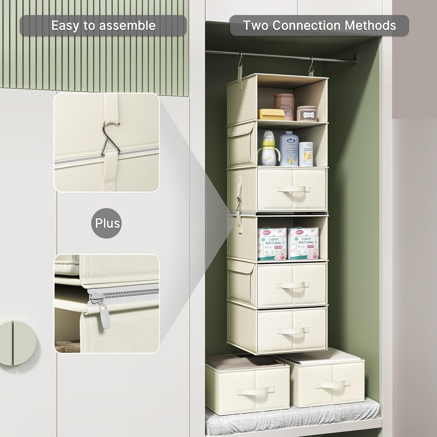 Vailando 6-Shelf Hanging Closet Organizer with 3 Drawers, 2 Separable 3-Shelf Closet Organizers and Storage for Wardrobe Organization, Hanging Dresser for Nursury & Dorm Clothes Organizer, Beige