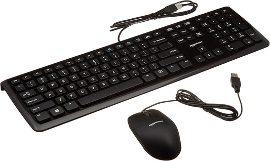Amazon Basics Wired USB Keyboard and Mouse Combo, Full-Sized Keyboard with QWERTY Layout, Optical Tracking Mouse, Black, 10-Pack