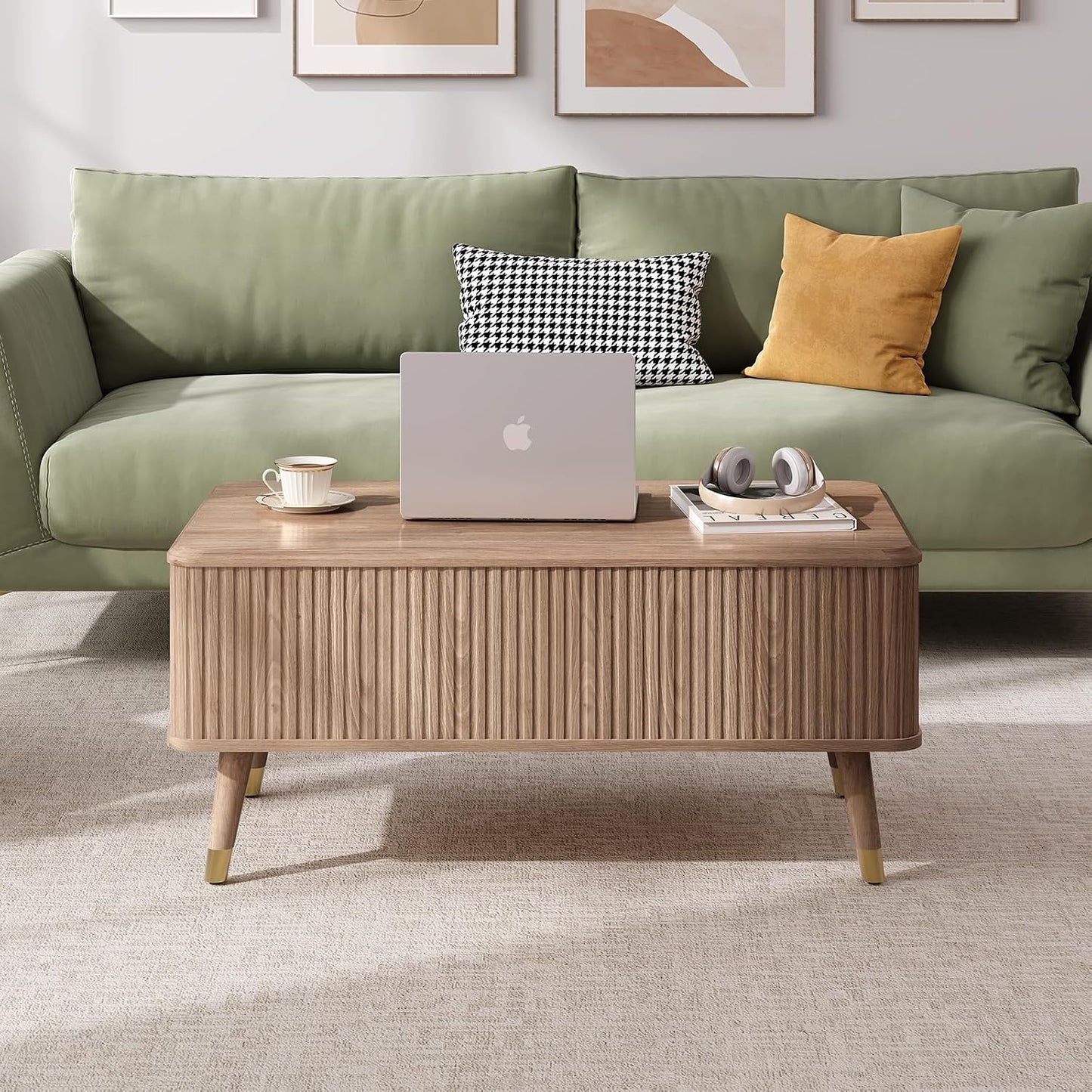 JOINICE Lift Top Coffee Table with Storage, Mid Century Modern Rectangular Center Table, Fluted Design with Hidden Compartment, Rising Desk for Work from Home, Living Room Furniture, Oak Finish