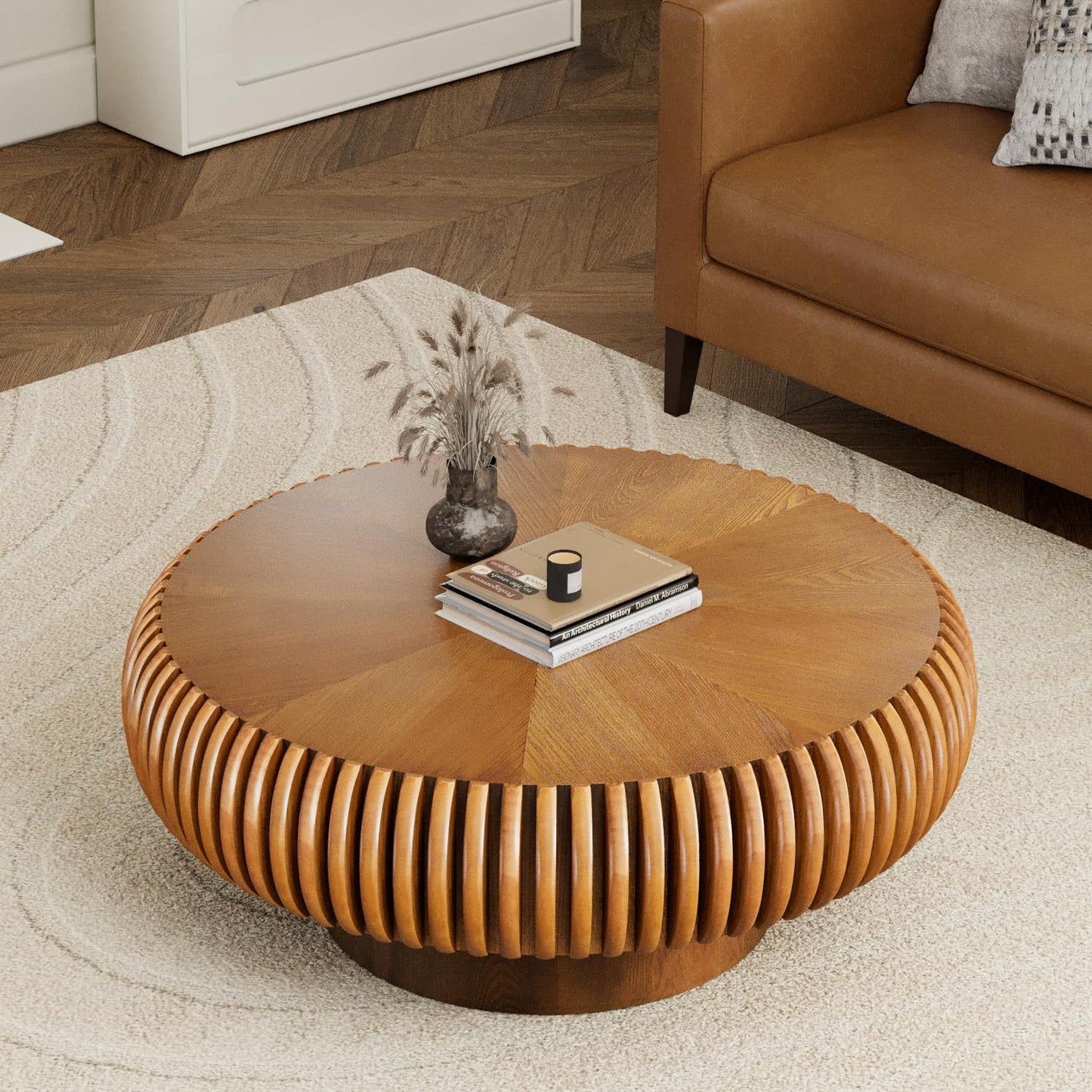 31" Brown Round Drum Wood Fluted Coffee Table (D, 1PC) | For Living Room, Wooden Grooves, Circle Pedestal Center Table, Farmhouse Modern Style, For Small Spaces, Easy Assembly