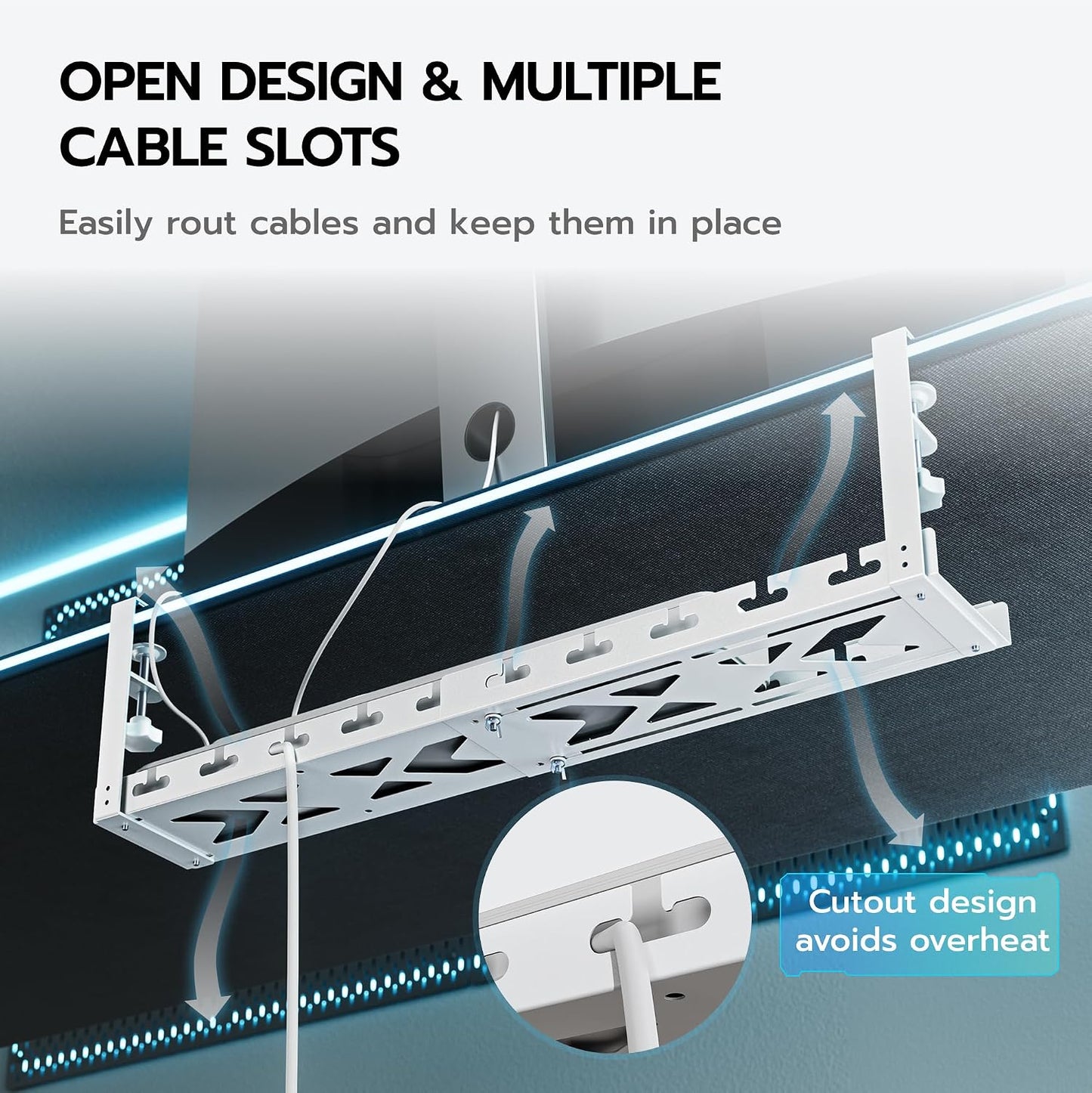 ARES WING 17"-28.7" Extendable Under Desk Cable Management Tray, No-Drill | Clamp-on Metal Cord Organizer with Cable Slots, Holds up to 11 lbs Desk Storage for Office and Gaming Accessories, White