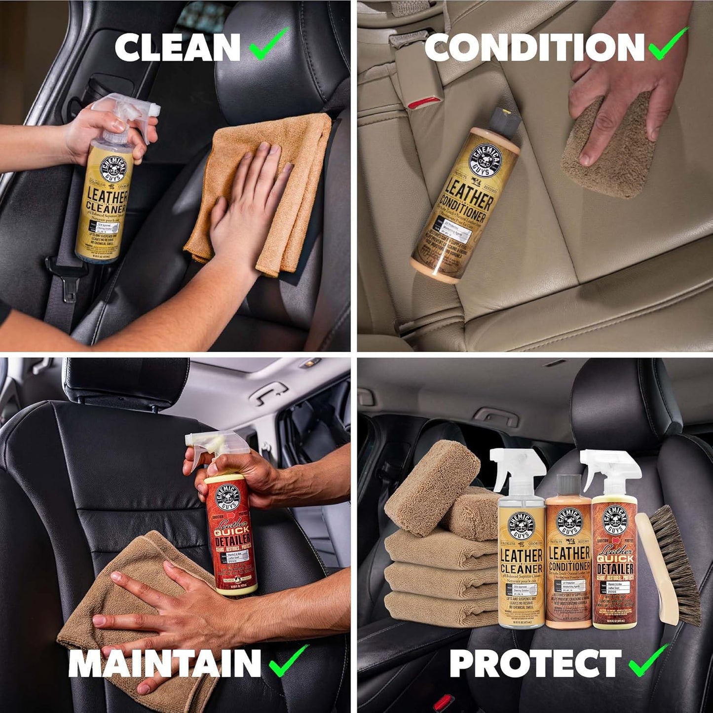Chemical Guys Leather Cleaner and Conditioner Detailing Kit - Leather Care Kit For Natural, Synthetic, Faux, Pleather, and More for Car Interiors, Apparel, Furniture, Boots & Accessories - 9 Items