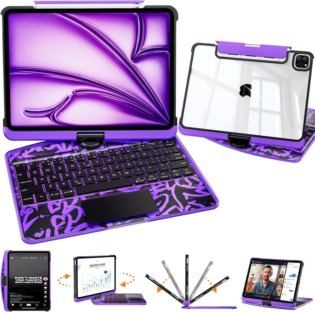 Clear Keyboard Case for iPad Pro 11 Inch with 360° Rotation, Purple