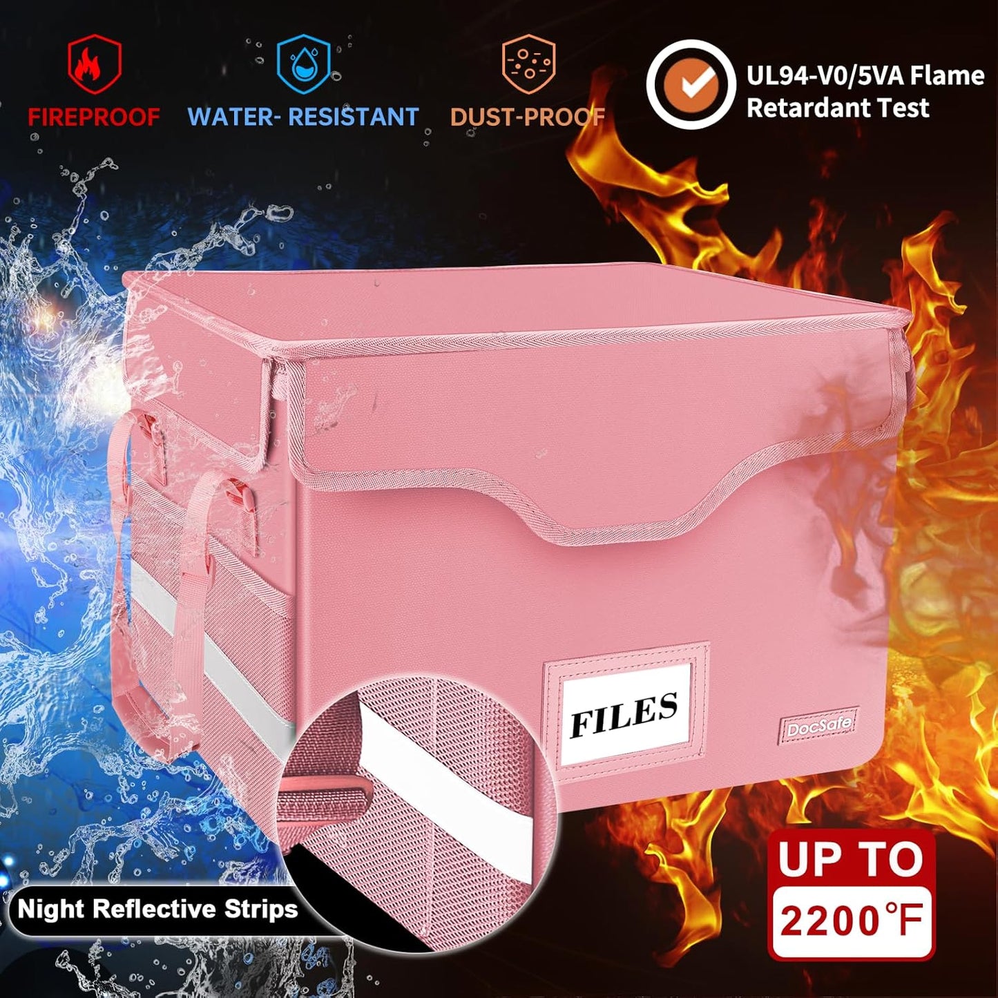 DocSafe Fireproof Document Box with Lock,File Storage Organizer with Zipper Pockets,Collapsible Portable File Box Home Office Safe Filing Cabinet with Handle for Hanging Letter/Legal Folder,Pink