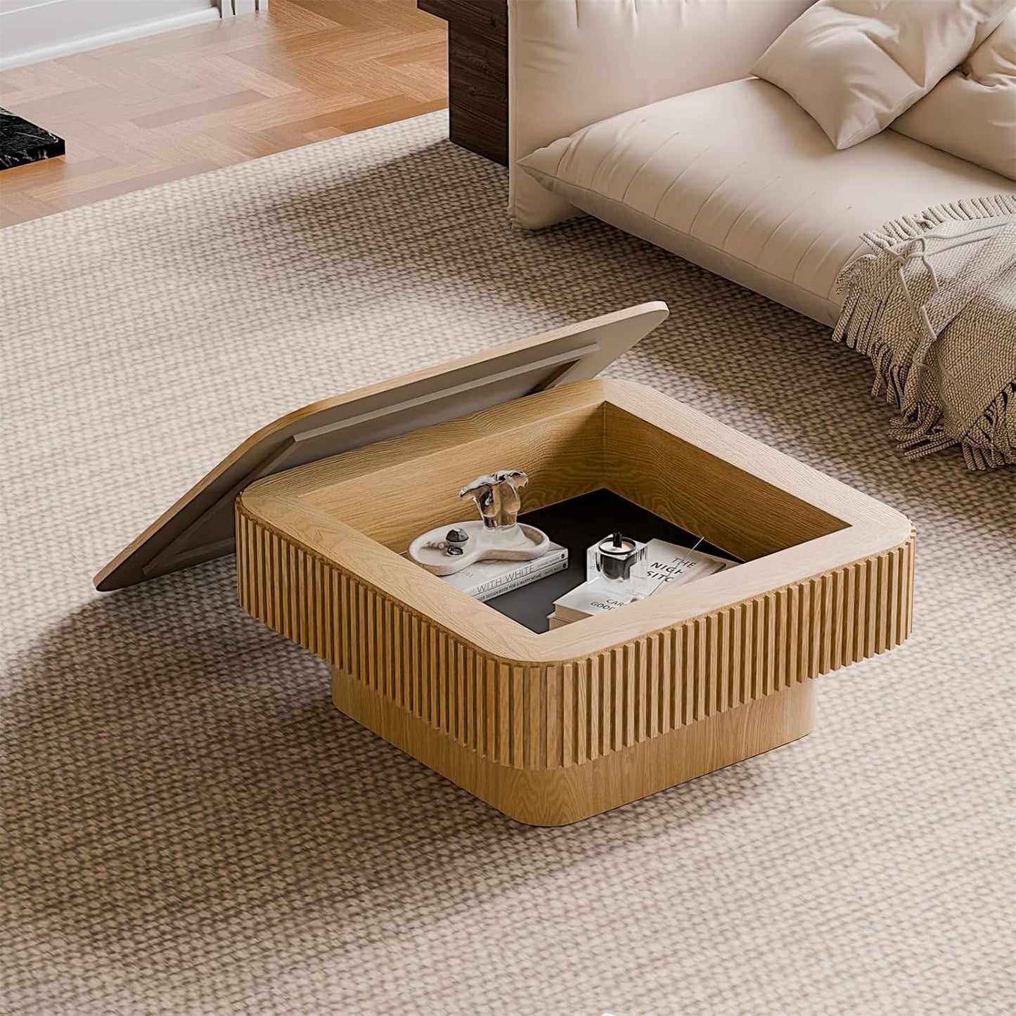 Square Coffee Table for Living Room,Fluted Drum Accent Tea Center Table with Storage,Solid Wood Modern Coffee Tables for Small Space Office Apartment (31.5" L×31.5''W×14''H-Natural)