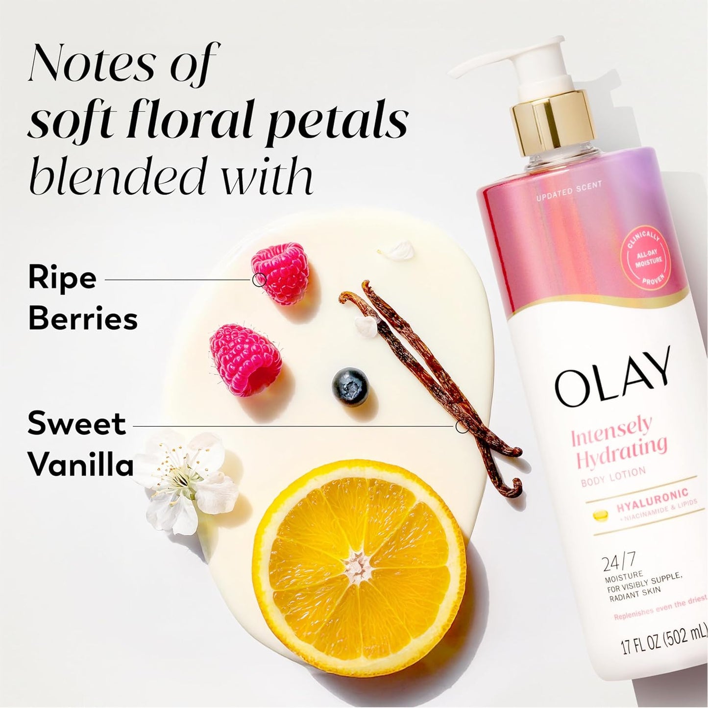 Olay Body Lotion for Women, Nourishing with Hyaluronic Acid Serum, Visibly Soften & Smooth Skin, 24hr Moisture & Hydration, Fast Absorbing Formula, Vitamin B3 Complex, For All Skin Types, 17 fl oz