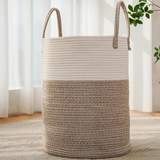 JMvicyroam Large Woven Laundry Basket Hamper,60L Cotton Rope Storage Bin for Blankets,Toys and Clothes,Decorative Tall Nursery Hamper for Living Room,Baby Nursery,Bathroom and Bedroom,Brown