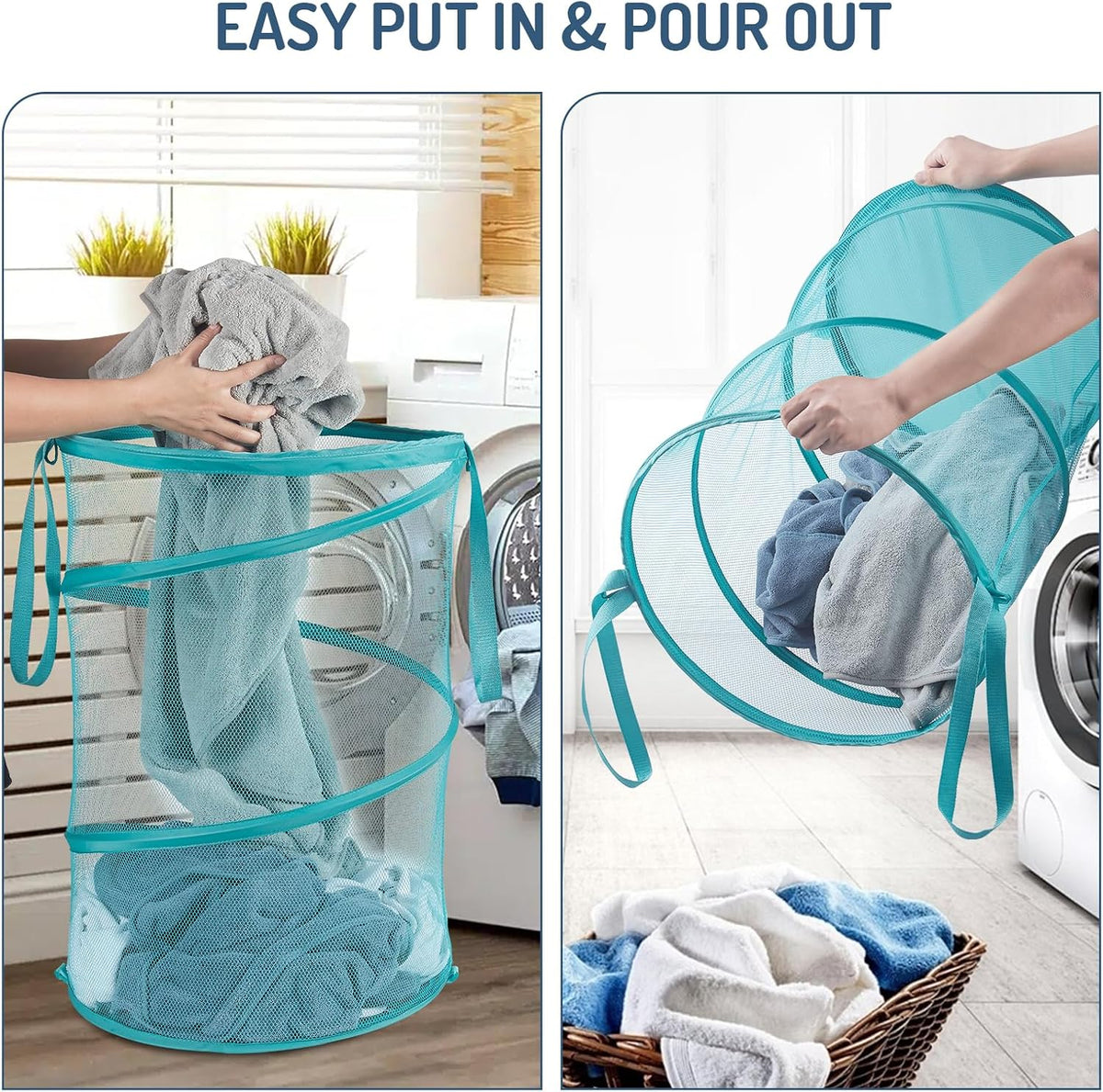 Seiritex Mesh Popup Laundry Hamper 115L Collapsible Laundry Basket No Lid Extra Large Capacity Foldable Clothing Storage Basket with Handles 26 H x 18 W x 18 L (Turquoise Blue)