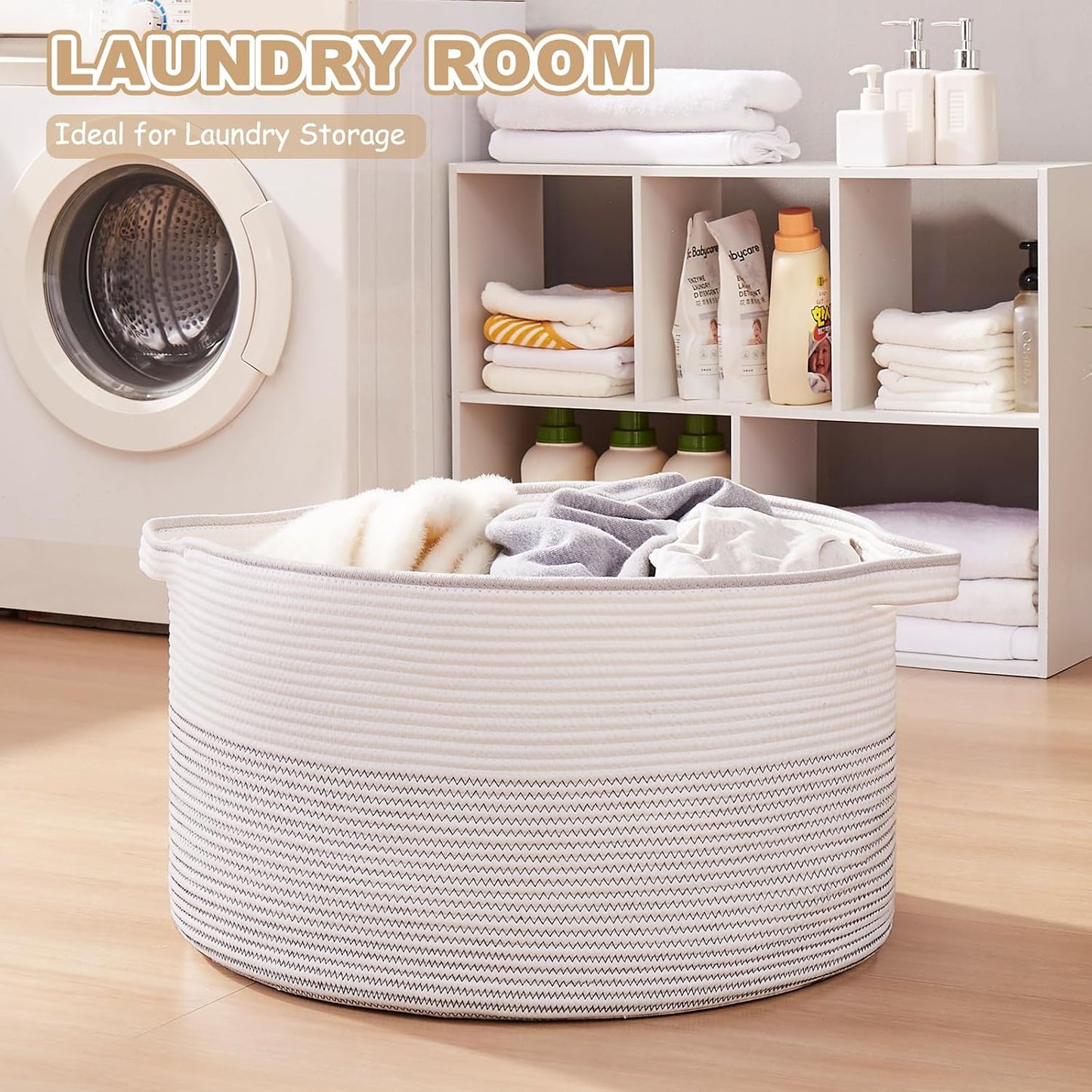 OIASKET Large Blanket Basket with Handles, 22.8" x 22.8" x 13" Woven Storage Basket for Living Room, Cotton Rope Baby Toy Storage for Clothes, Pillows, Towels-Black and White
