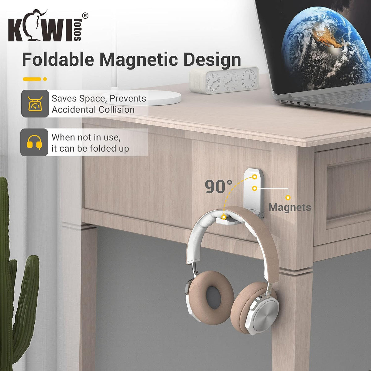 KIWIFOTOS 2 Pack Adhesive Desk Headphone Hanger, PC Gaming Headset Holder Stand, Adhesive Holder Mount for Wall, Foldable Headphones Hook Mount Under Desk - White,Two Pack