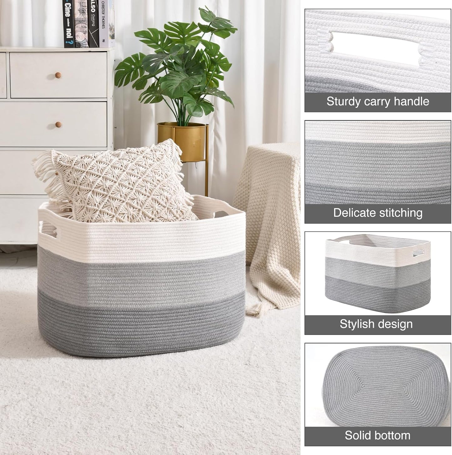 ICERZCZ Extra Large Blanket Basket Living Room, Rectangle Storage Basket, Large Woven Baskets for Storage, Cotton Rope Basket for Toys, Clothes, Gradient Grey - 25”x16”x16” (105L)