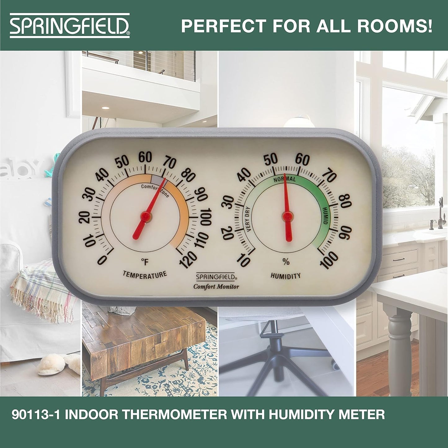 Springfield Color Track Humidity Meter and Indoor Thermometer, Analog Weather Station for the Bedroom, Nursery, Storage, and Inside the Home