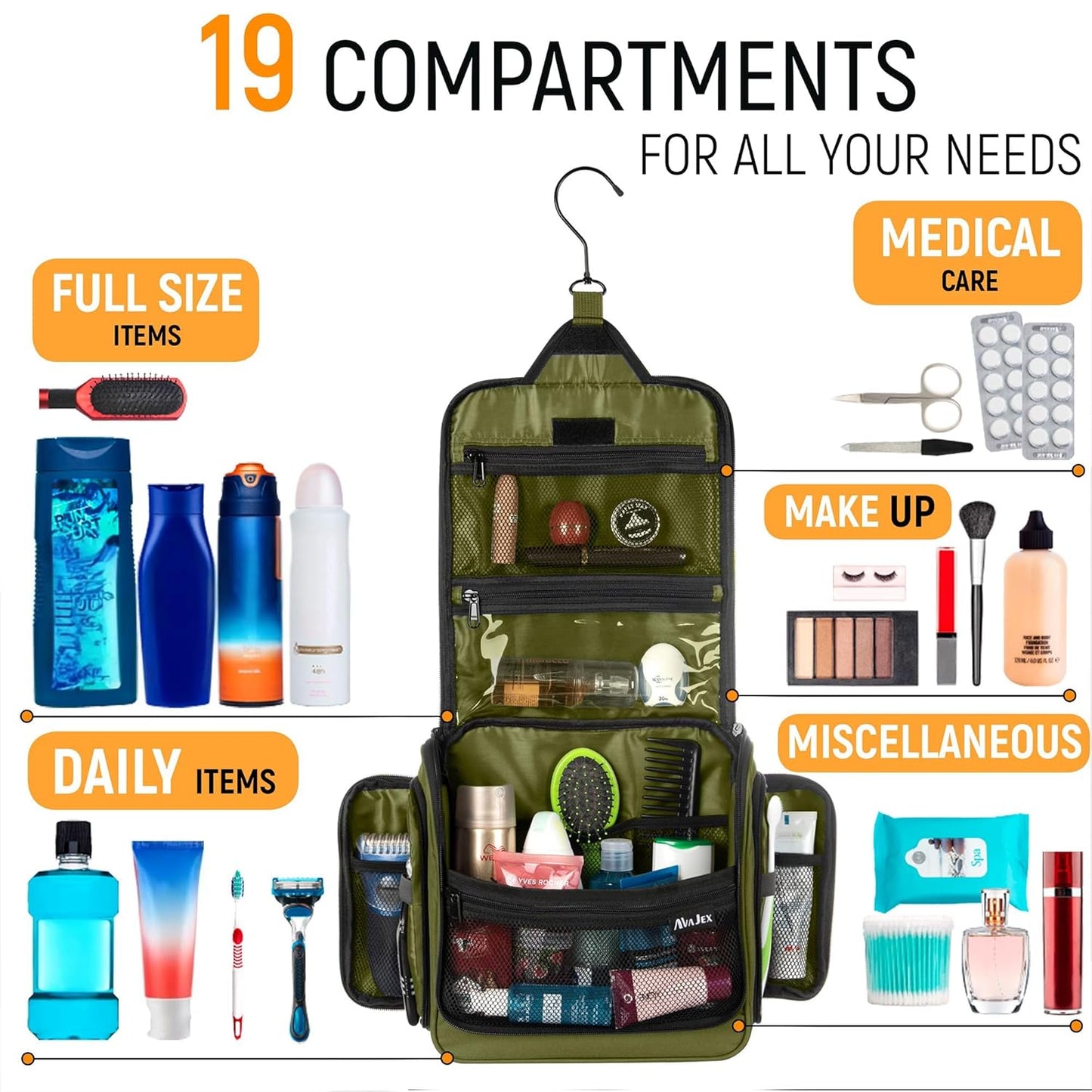 Travel Toiletry Bag for Men and Women - (10.6”x10.6”x3.2”) Large Hanging Toiletry Organizer - Waterproof Hygiene Bag with Metal XXL Swivel Hook, with Sturdy Zippers and 19 Compartments for Toiletries