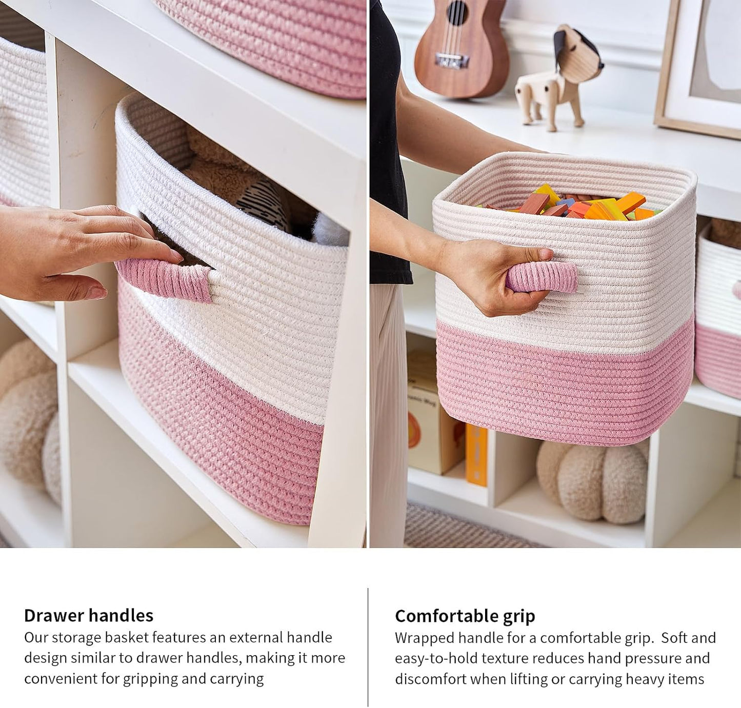 R RUNKA Storage Cube Baskets for Organizing 11 inch-3 Pack- Square Baskets for Cube Storage, Closet Storage Bins - Woven Cube Storage Bins for Shelves- Cube Drawer- Ideal for Toy Storage White & Pink