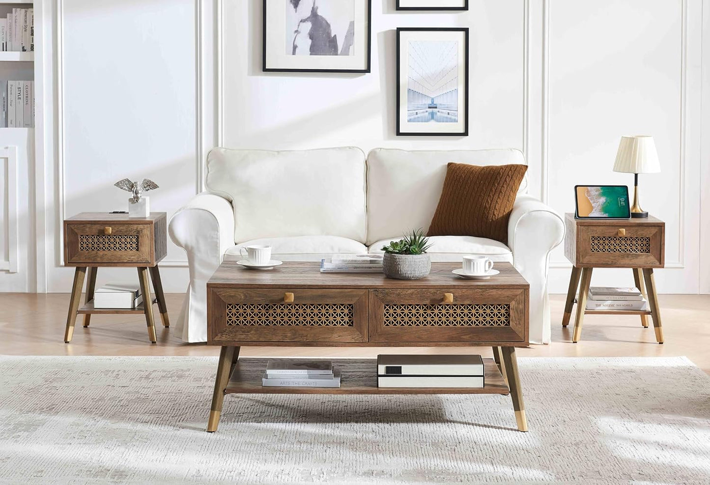 Mid Century Modern Coffee Table with Storage Drawers & Open Shelf, Solid Wooden Boho Rectangle Table with Metal Legs Designed for Living Room, Office, Lounge. Rustic Oak Color with Golden Decor