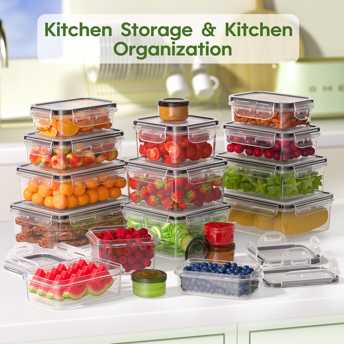 KEMETHY 36-Piece Food Storage Containers with Lids(18 Container & 18 Lid), Plastic Food Containers for Pantry & Kitchen Storage and Organization, BPA-Free, Leak Proof, Reusable with Labels & Pen