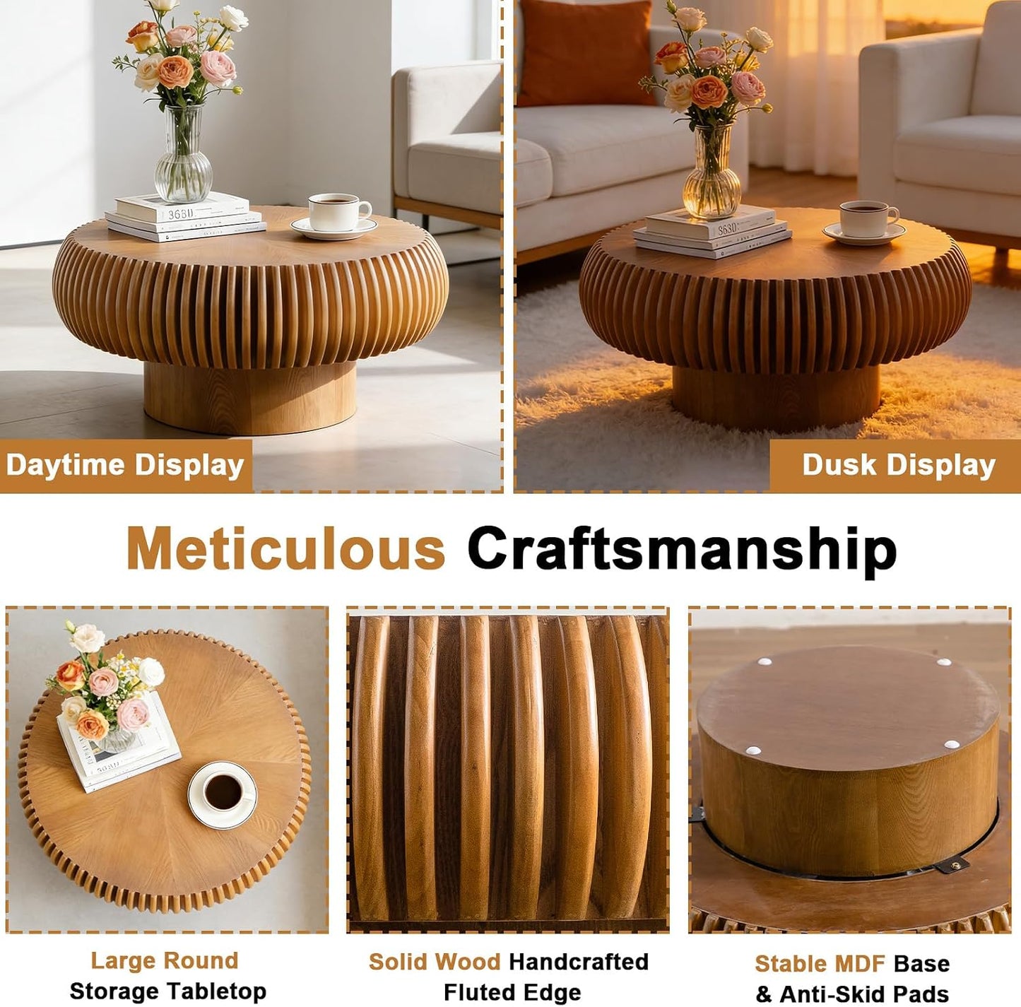 31" Brown Round Wood Fluted Coffee Table for Living Room (D) | Drum Shape, Wood Veneer Top & Base, Rustic Modern Style, Low Circle Center Table, For Apartment Small Space, Easy to Assemble