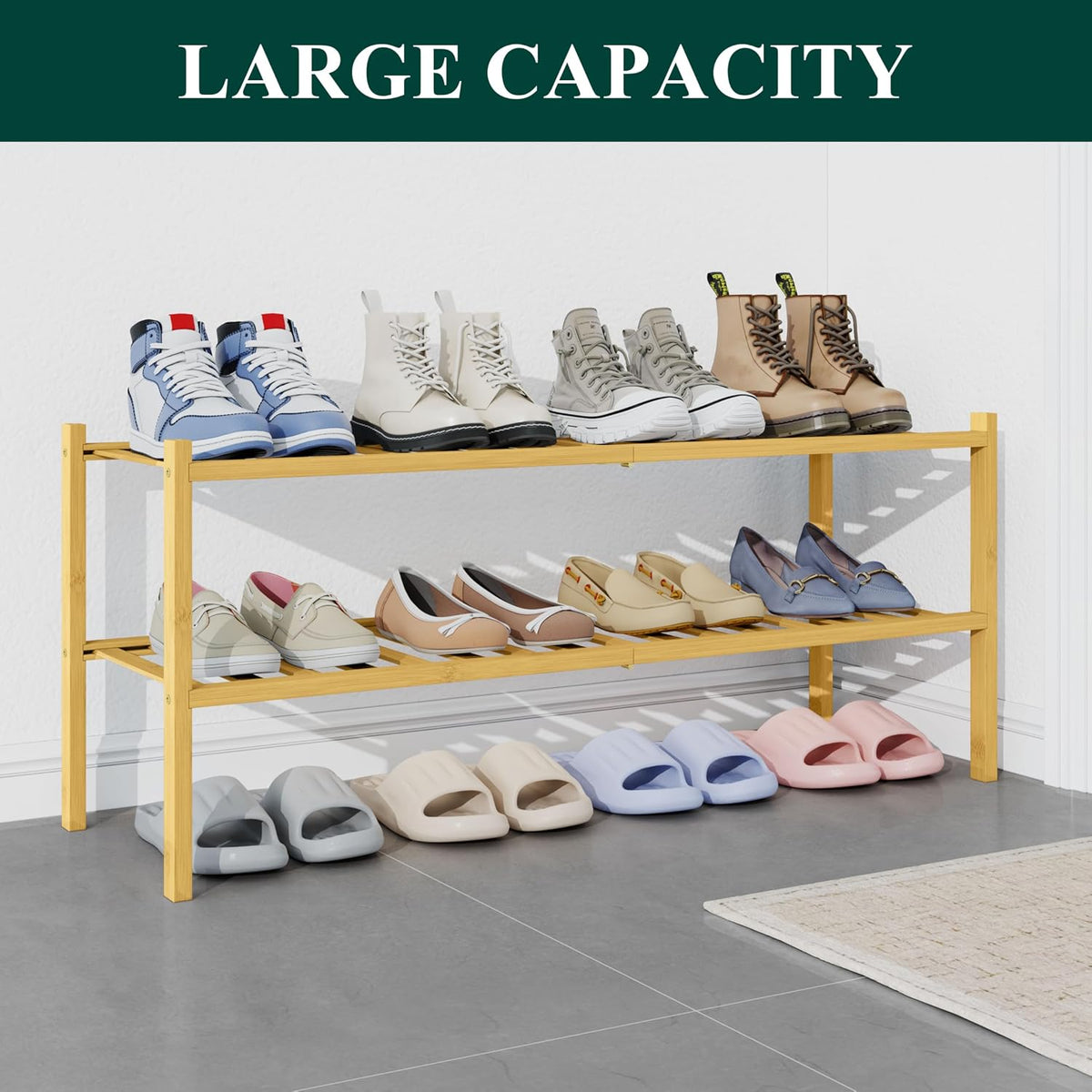 Smiry Bamboo Shoe Rack for Closet, 2 Tier - 33.86" Wide, Natural