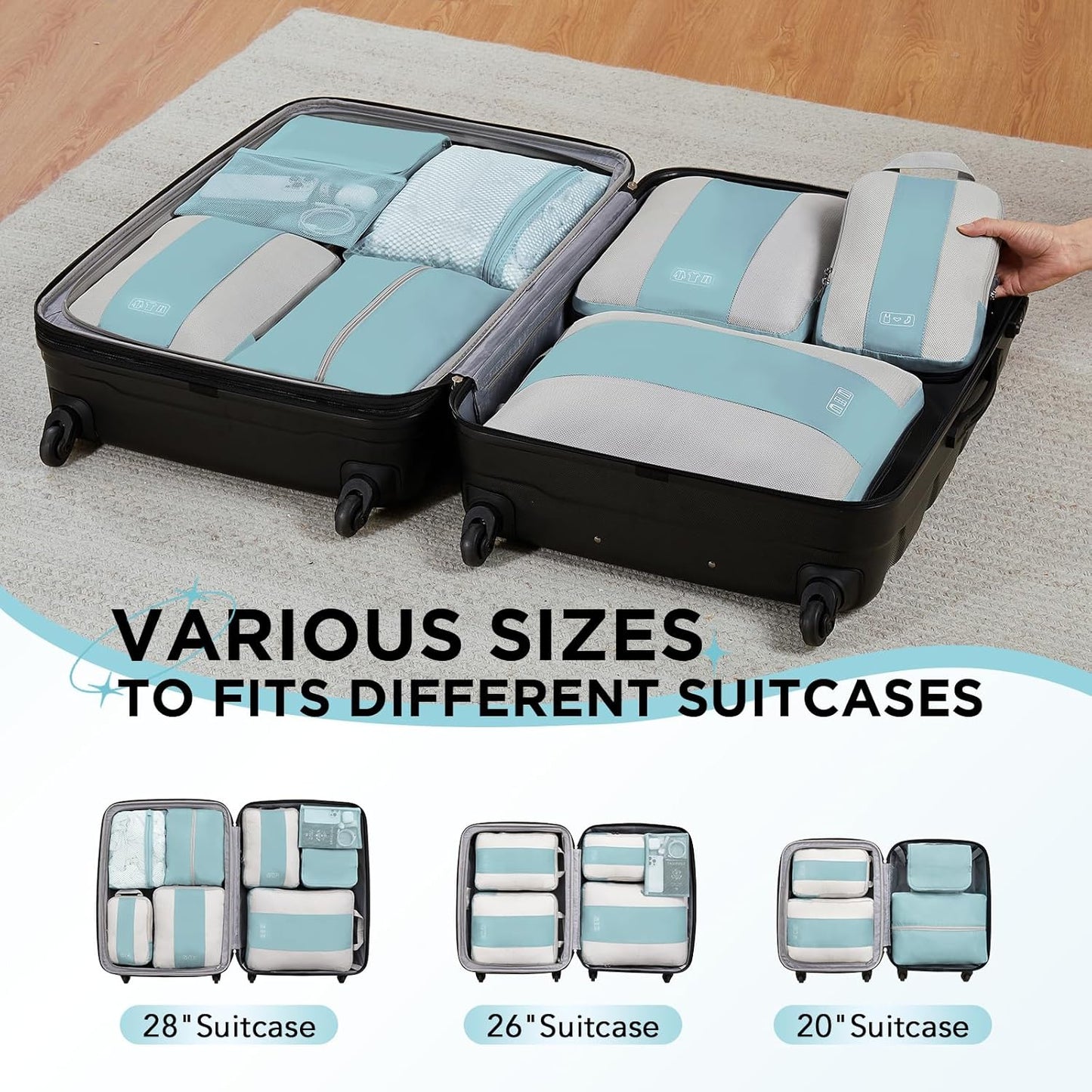 8 Set Compression Packing Cubes for Travel Essentials,Compressible Expandable Packing Cubes for Suitcase,OlarHike Luggage Garment Bags for Travel,Handy Helper for Organizing Clothes(Blue Gray)