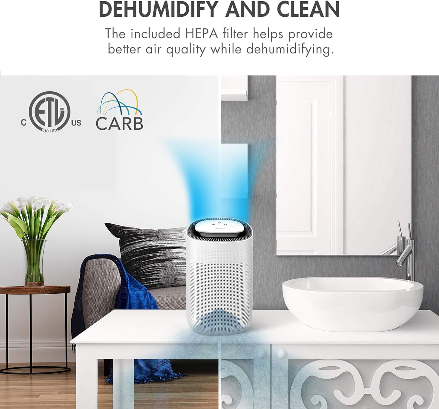 Tenergy Sorbi 1000ml Air Dehumidifier w/Purifying Function, True HEPA Filter, Auto Shutoff, Touch Control Adjustable Air Speed, Ultra-Quiet, Ideal for Closets & Bathrooms