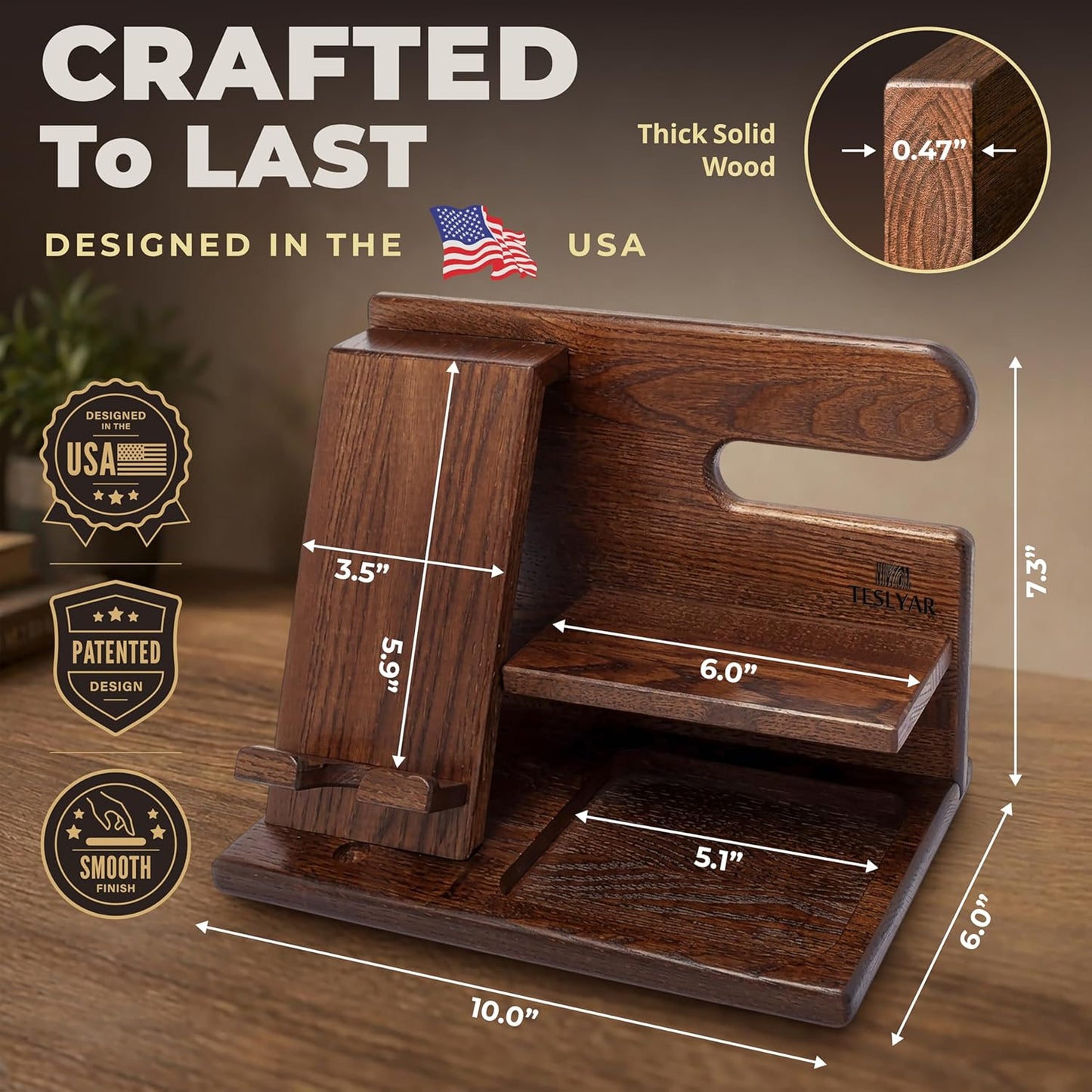 TESLYAR Wood Phone Docking Station for Men - Desktop or Nightstand Organizer - Birthday Gifts for Men, Dad - Anniversary Idea from Wife - Key Holder, Stand Wallet, Watch & Essentials (Bourbon Brown)