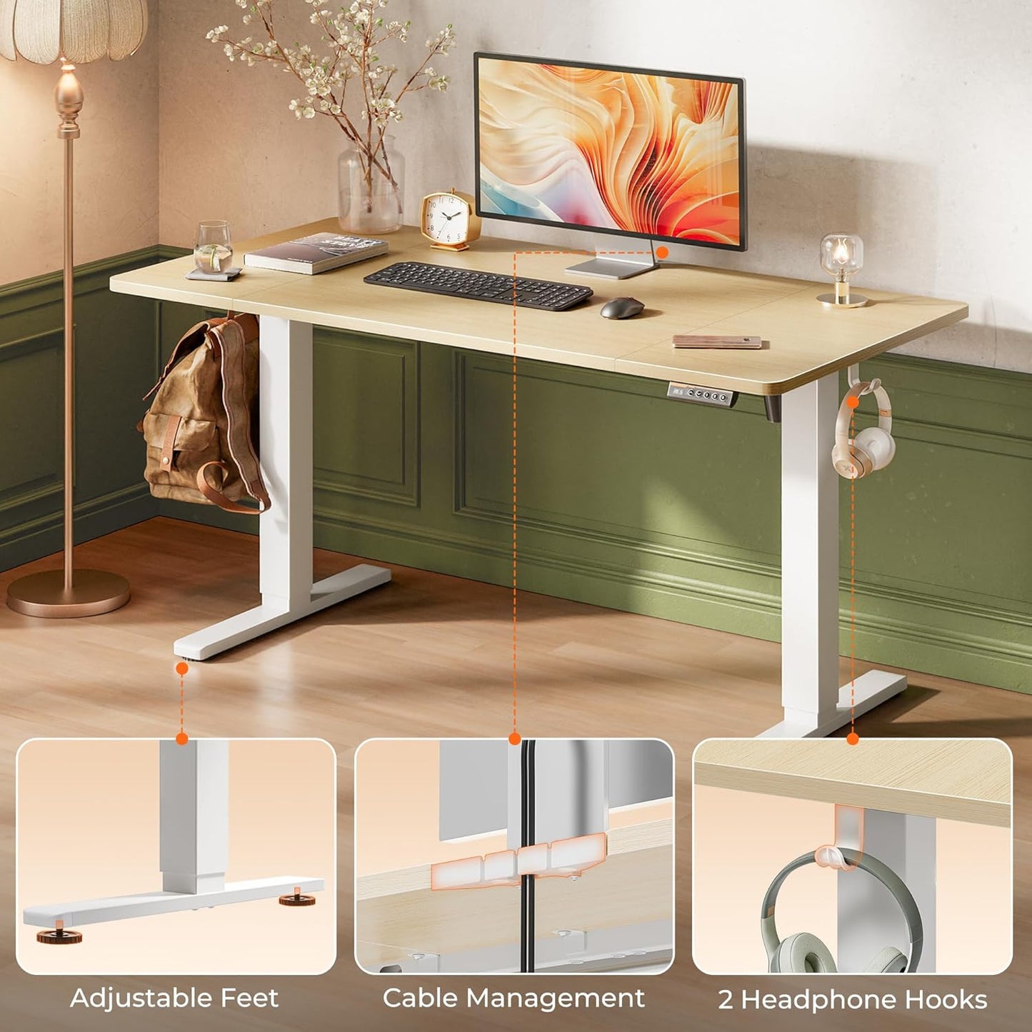 Huuger 55 x 28 Large Electric Standing Desk, Height Adjustable Desk, 27.6" Deep Desktop, Stand up Gaming Computer Office Desk with 2 Hooks, 3 Preset Heights, for Home Office, Maple