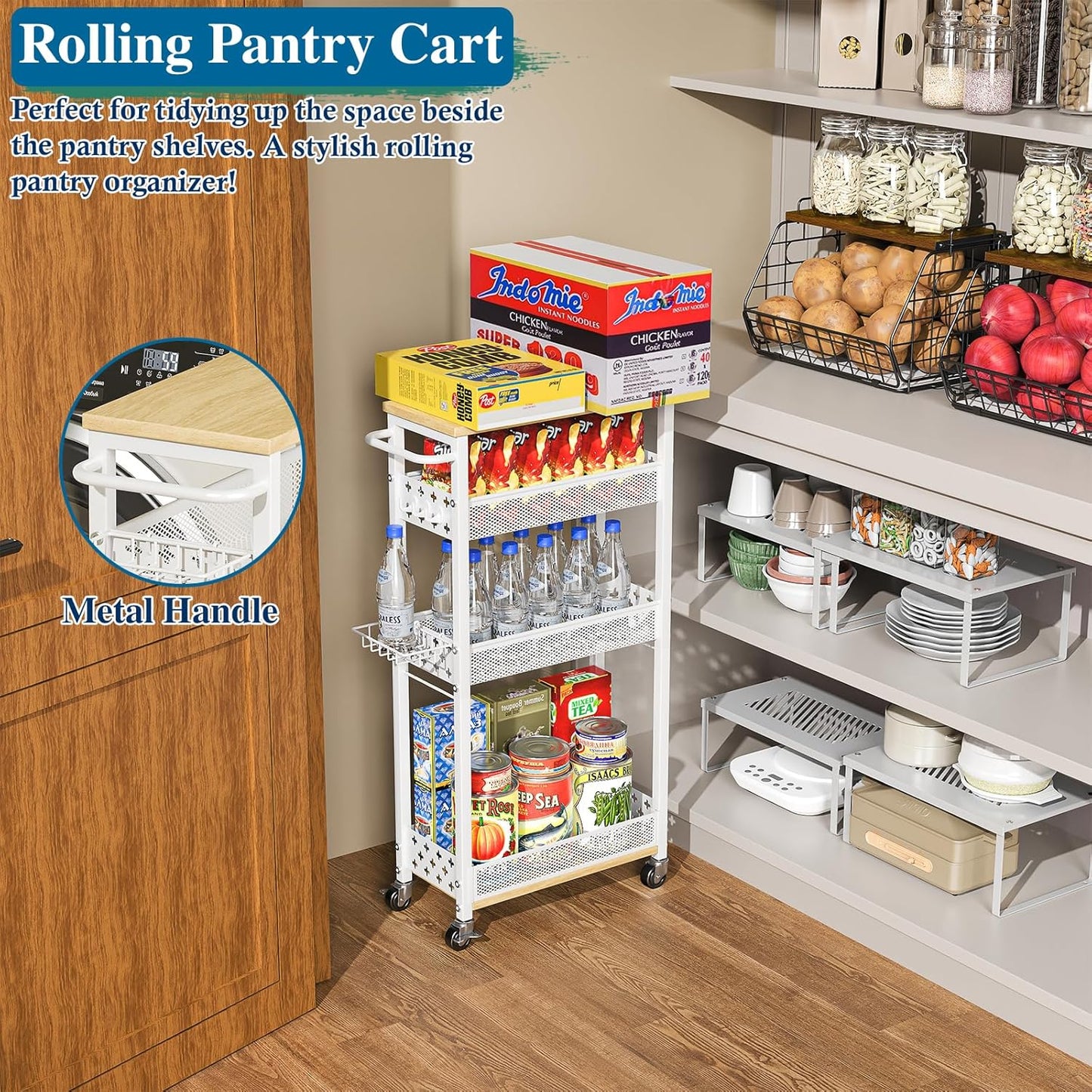 OKZEST Laundry Room Organization Cart with Detergent Dispenser - 4-Tier Slim Rolling Storage for Between Washer & Dryer, Fits Tall Bottles, Rustproof Metal Mesh Shelves, Chic Wood Top & Premium Wheels