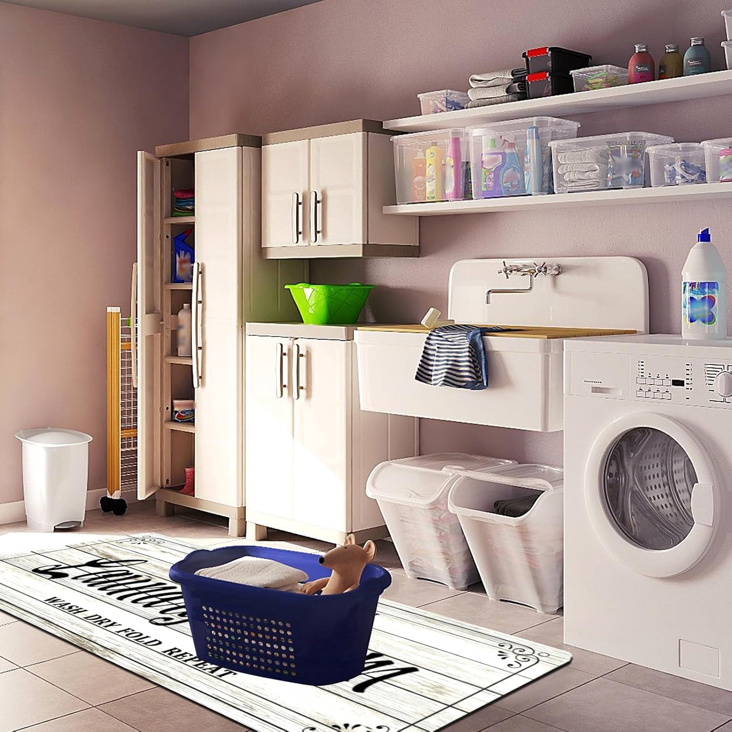 Laundry Room Rug Non Slip Floor mats Farmhouse Large Laundry Rugs for Laundry Room Mat Washer and Dryer Carpet Laundry Runner Room Decor 20x47inch(White)