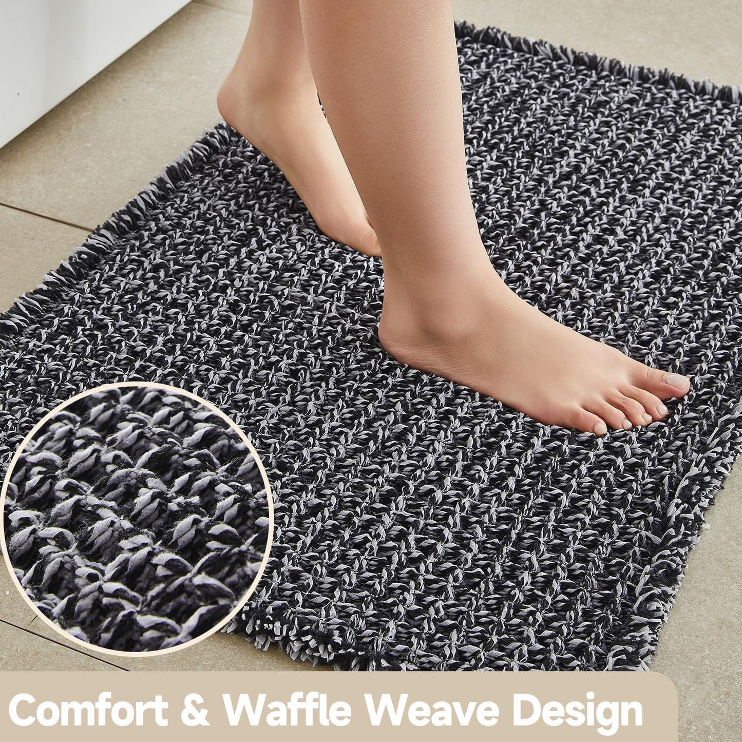 TYUU Black and White Bathroom Rugs, Waffle Bath Mat Non Slip Washable Super Absorbent Quick Dry Boho Farmhouse Bathroom Decor, 30"x20" Black and White