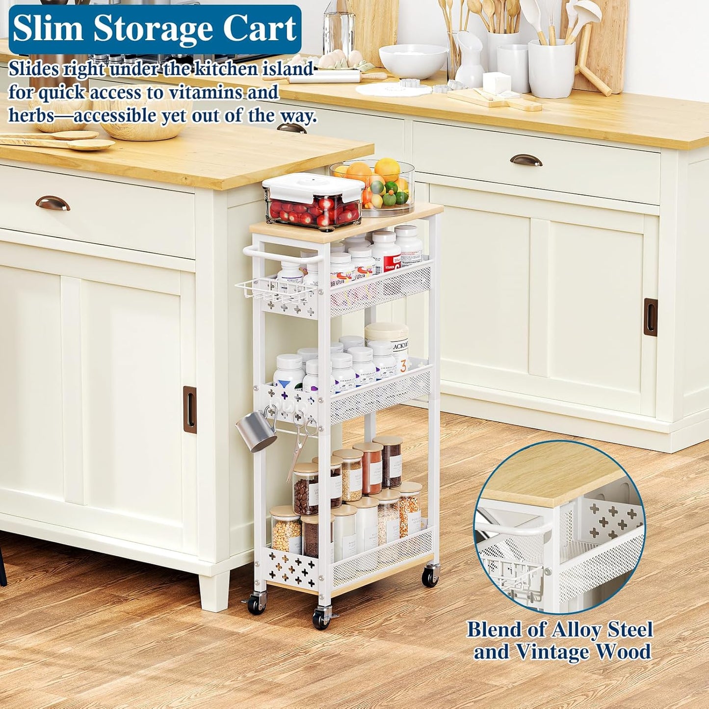 OKZEST Laundry Room Organization Cart with Detergent Dispenser - 4-Tier Slim Rolling Storage for Between Washer & Dryer, Fits Tall Bottles, Rustproof Metal Mesh Shelves, Chic Wood Top & Premium Wheels