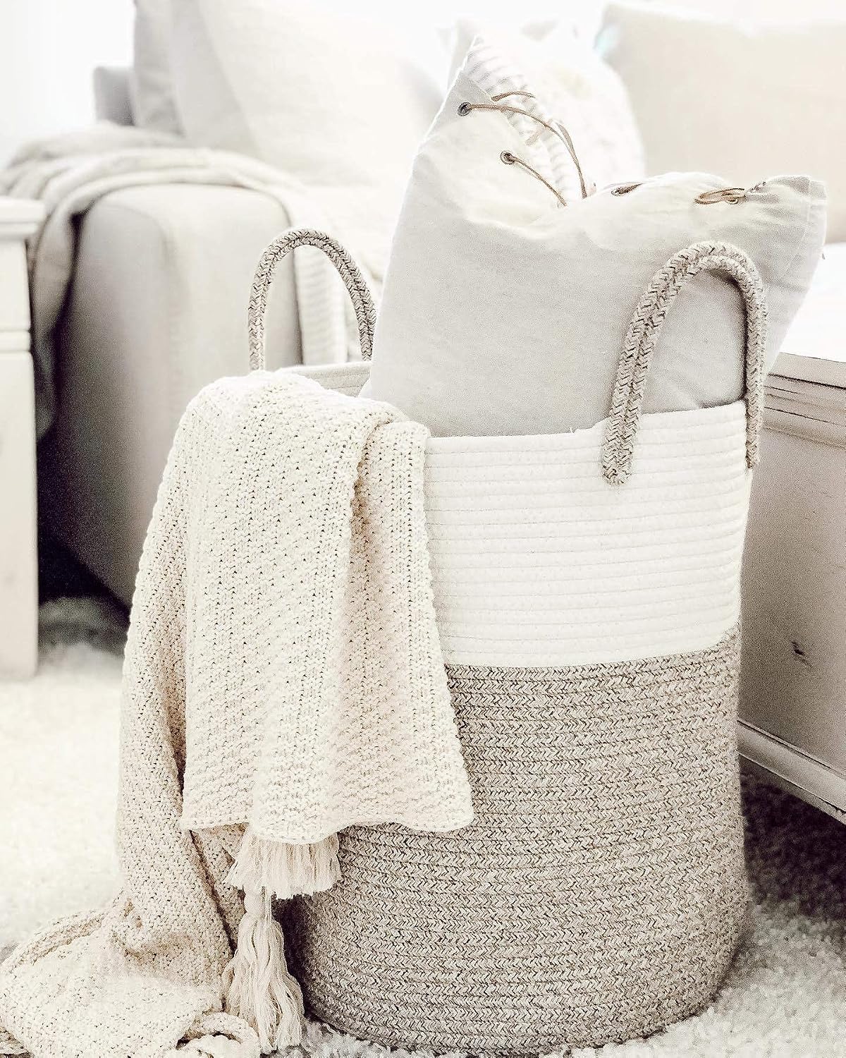 OrganiHaus Tall Cotton Rope Laundry Basket & Hamper, Blanket Storage 52L | Brown / Off-White - Tall Cotton Rope Hamper, 52L